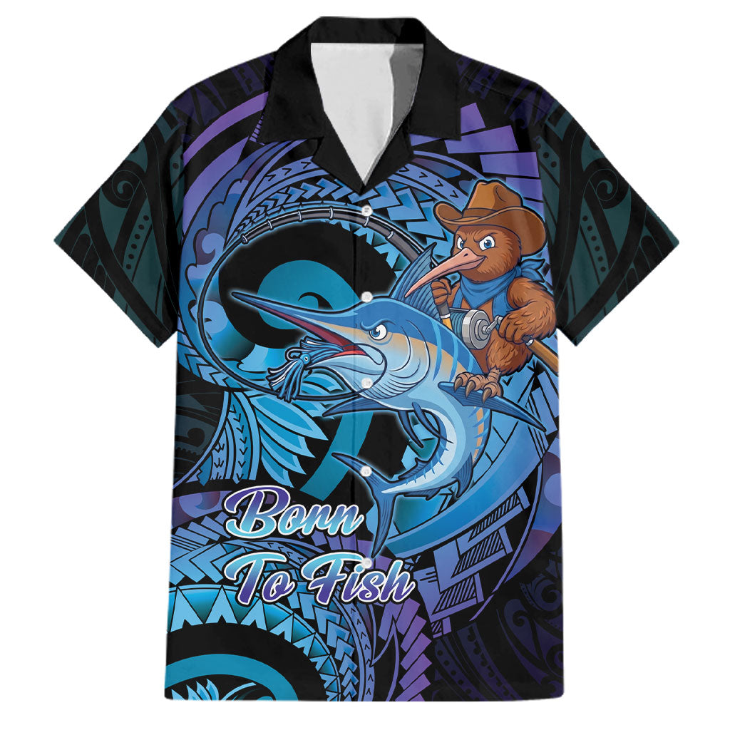 Personalised Blue Marlin Fishing New Zealand Family Matching Off Shoulder Maxi Dress and Hawaiian Shirt NZ Kiwi Cowboy Born To Fish LT14 Dad's Shirt - Short Sleeve Purple - Polynesian Pride