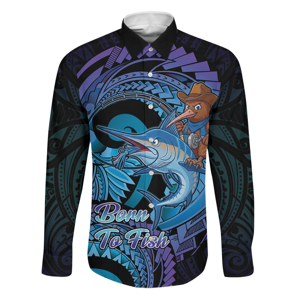 Personalised Blue Marlin Fishing New Zealand Family Matching Off Shoulder Maxi Dress and Hawaiian Shirt NZ Kiwi Cowboy Born To Fish LT14 Dad's Shirt - Long Sleeve Purple - Polynesian Pride