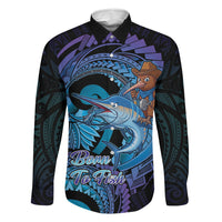 Personalised Blue Marlin Fishing New Zealand Family Matching Off Shoulder Maxi Dress and Hawaiian Shirt NZ Kiwi Cowboy Born To Fish LT14 Dad's Shirt - Long Sleeve Purple - Polynesian Pride