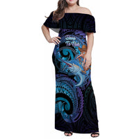 Personalised Blue Marlin Fishing New Zealand Family Matching Off Shoulder Maxi Dress and Hawaiian Shirt NZ Kiwi Cowboy Born To Fish LT14 Mom's Dress Purple - Polynesian Pride