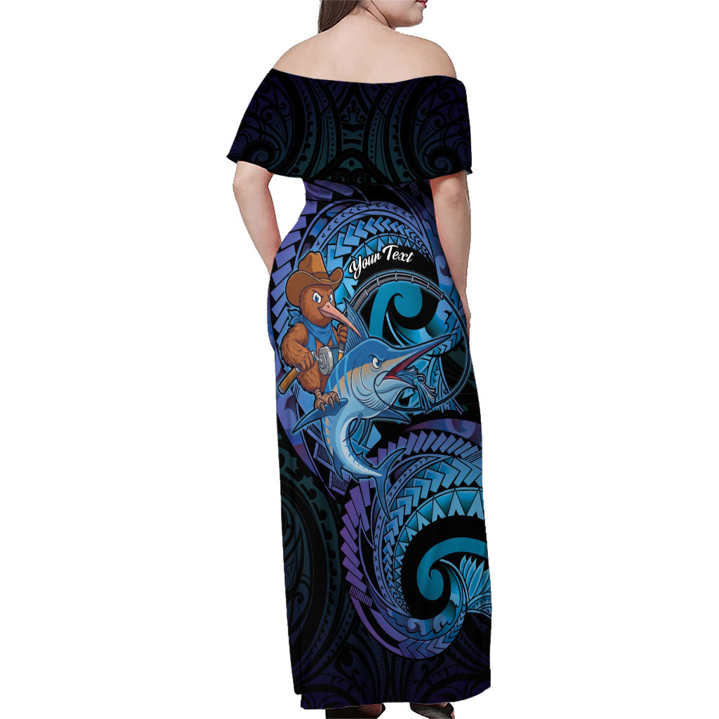 Personalised Blue Marlin Fishing New Zealand Family Matching Off Shoulder Maxi Dress and Hawaiian Shirt NZ Kiwi Cowboy Born To Fish LT14 - Polynesian Pride