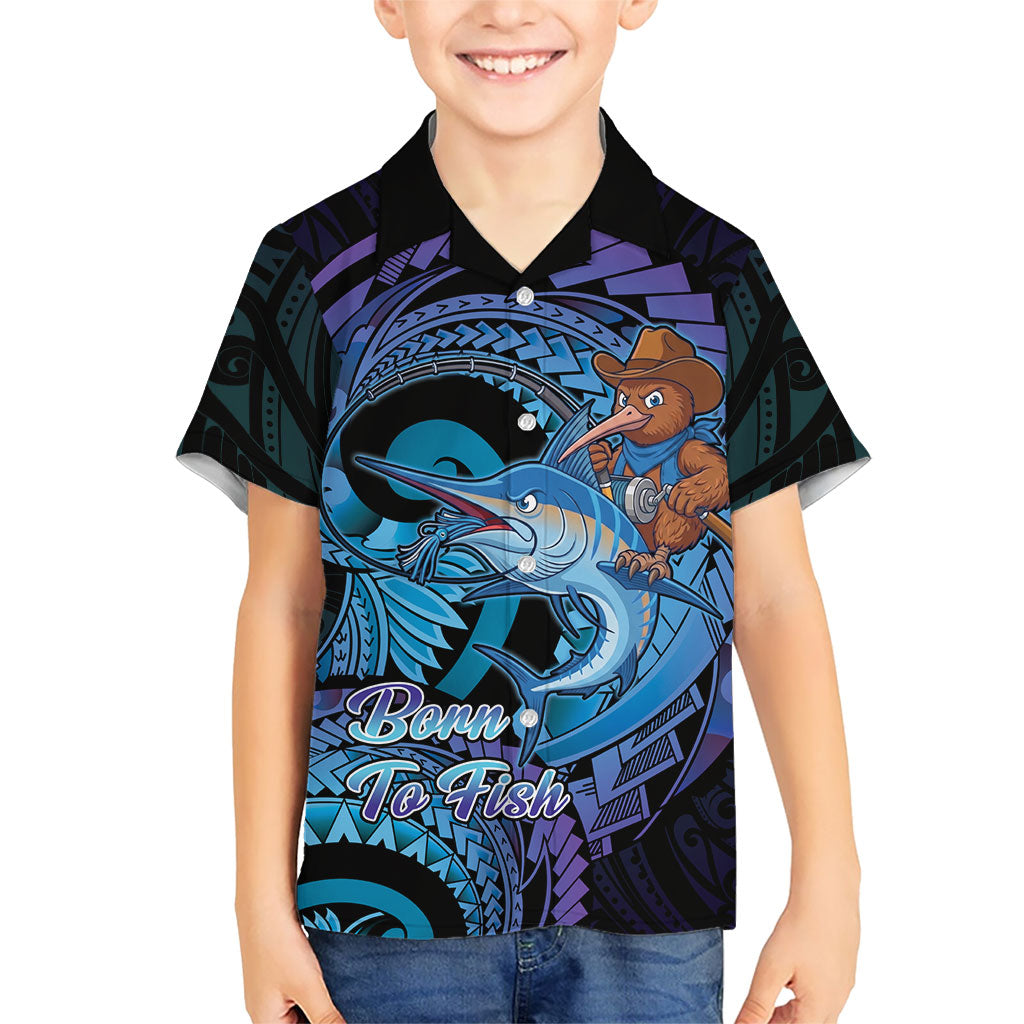 Personalised Blue Marlin Fishing New Zealand Family Matching Off Shoulder Maxi Dress and Hawaiian Shirt NZ Kiwi Cowboy Born To Fish LT14 Son's Shirt Purple - Polynesian Pride