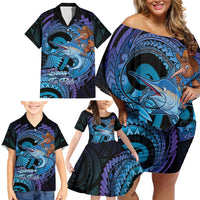 Personalised Blue Marlin Fishing New Zealand Family Matching Off Shoulder Short Dress and Hawaiian Shirt NZ Kiwi Cowboy Born To Fish