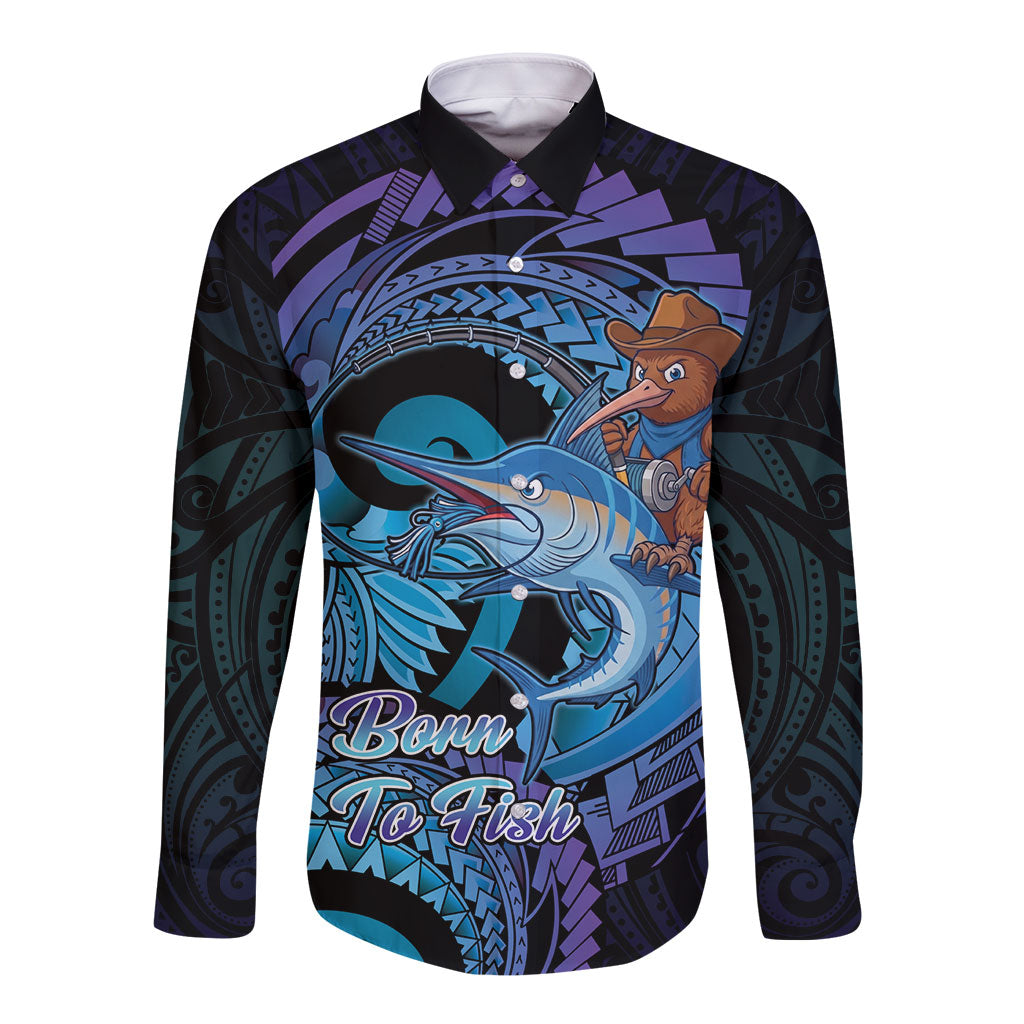 Personalised Blue Marlin Fishing New Zealand Long Sleeve Button Shirt NZ Kiwi Cowboy Born To Fish