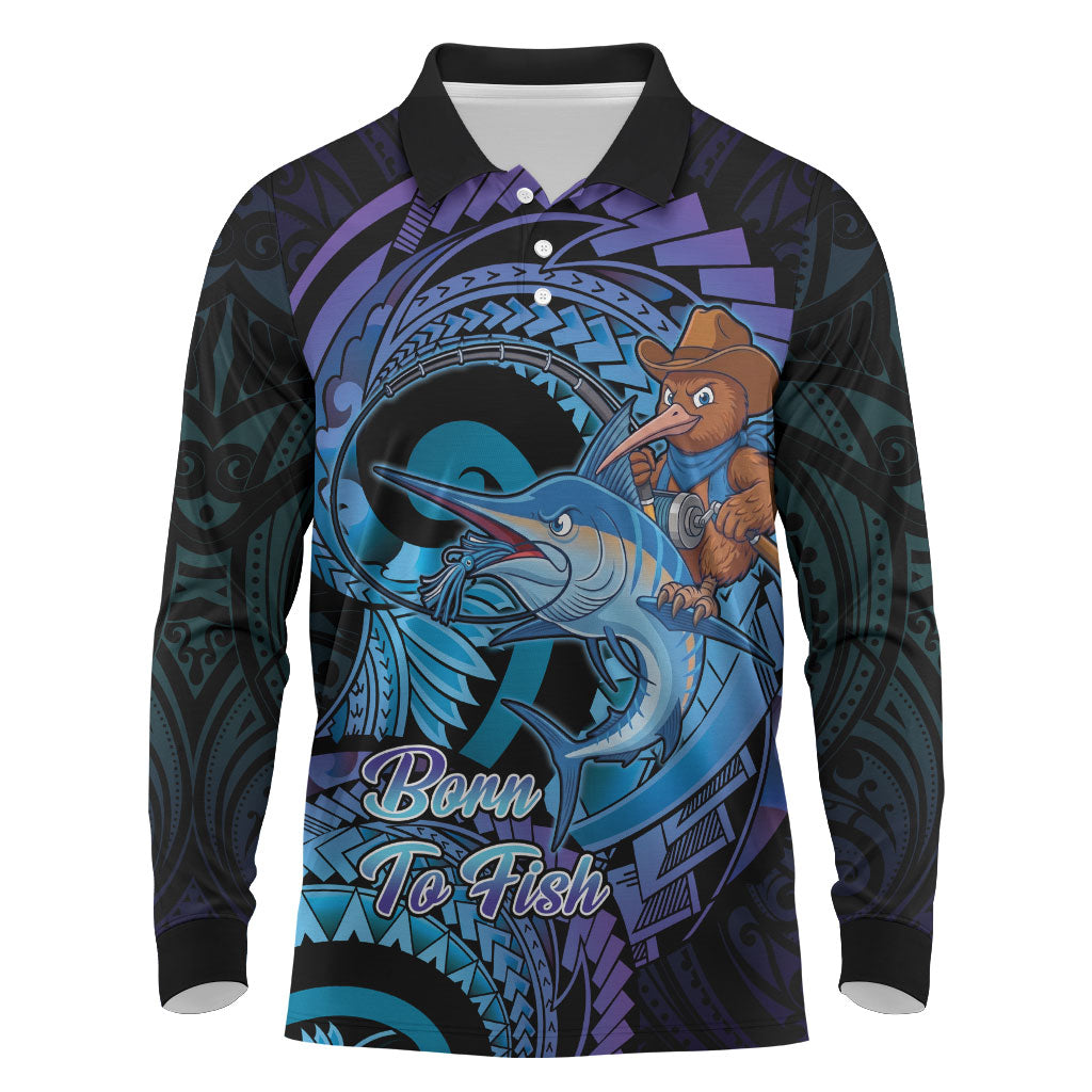 Personalised Blue Marlin Fishing New Zealand Long Sleeve Polo Shirt NZ Kiwi Cowboy Born To Fish