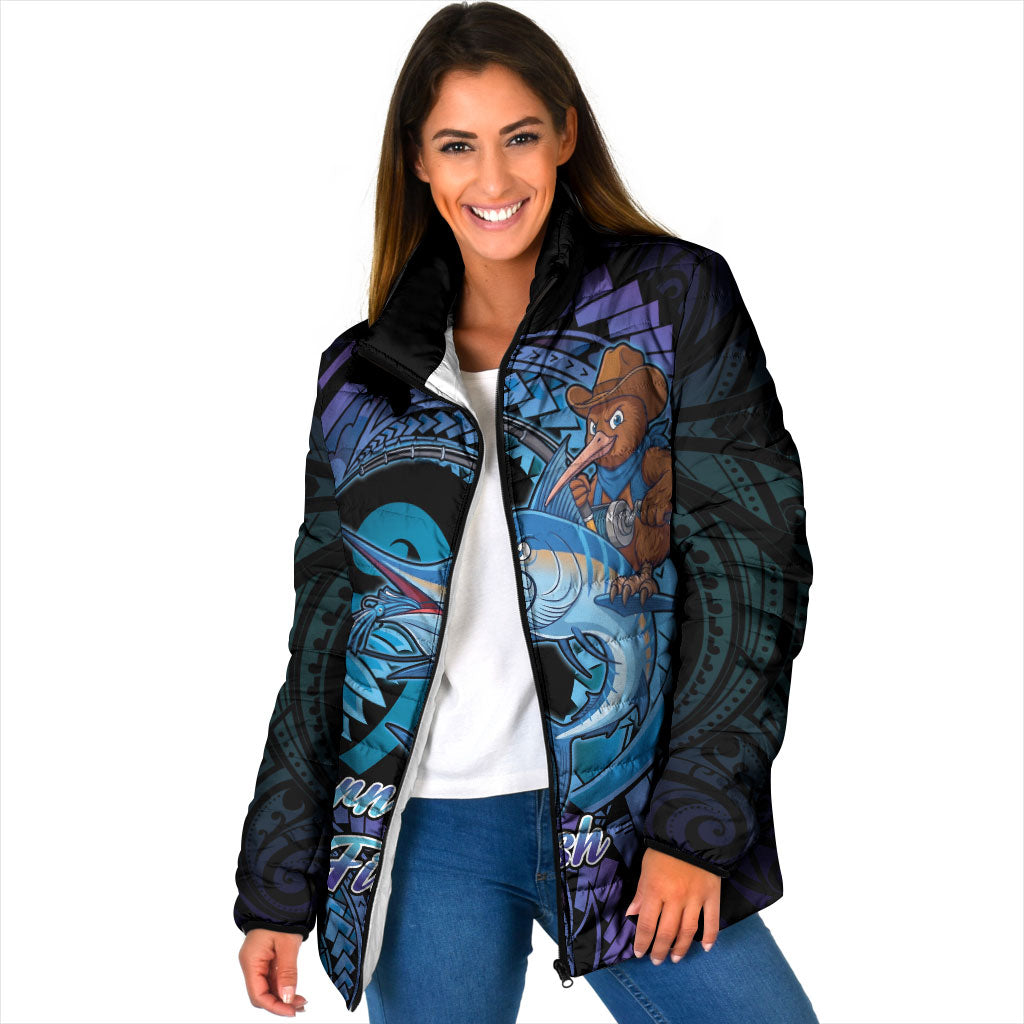 Personalised Blue Marlin Fishing New Zealand Padded Jacket NZ Kiwi Cowboy Born To Fish LT14 Women Purple - Polynesian Pride
