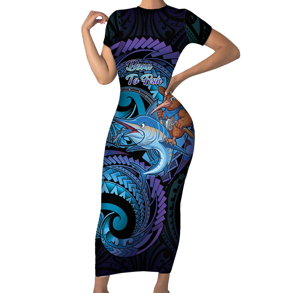 Personalised Blue Marlin Fishing New Zealand Short Sleeve Bodycon Dress NZ Kiwi Cowboy Born To Fish