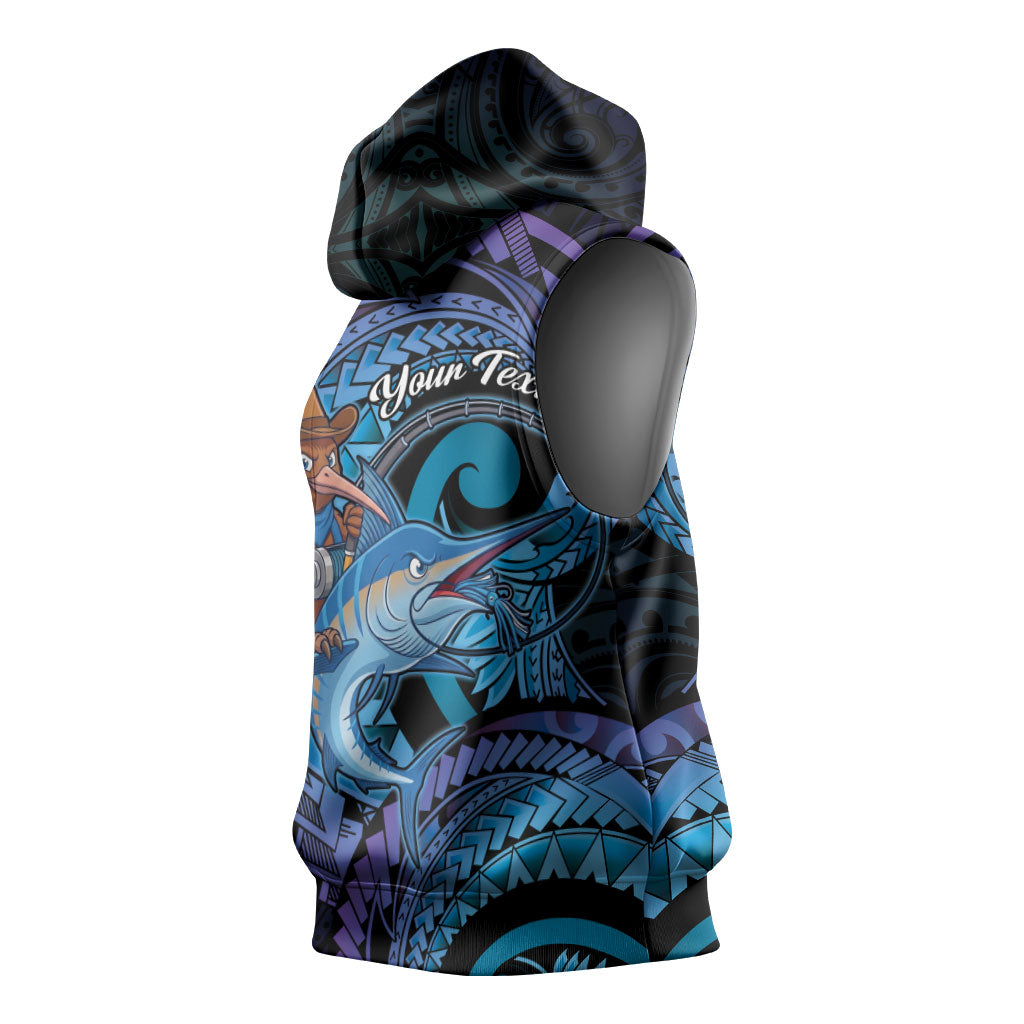 Personalised Blue Marlin Fishing New Zealand Sleeveless Hoodie NZ Kiwi Cowboy Born To Fish
