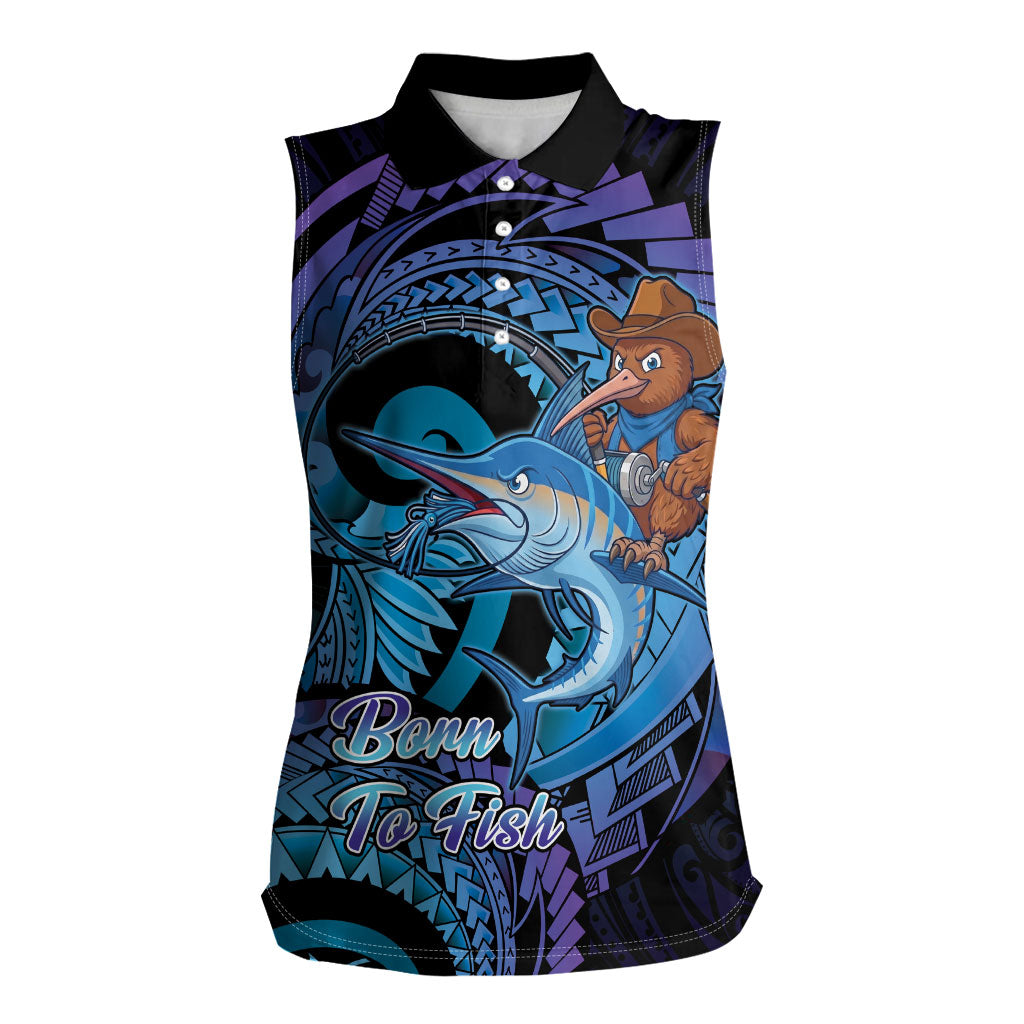 Personalised Blue Marlin Fishing New Zealand Women Sleeveless Polo Shirt NZ Kiwi Cowboy Born To Fish
