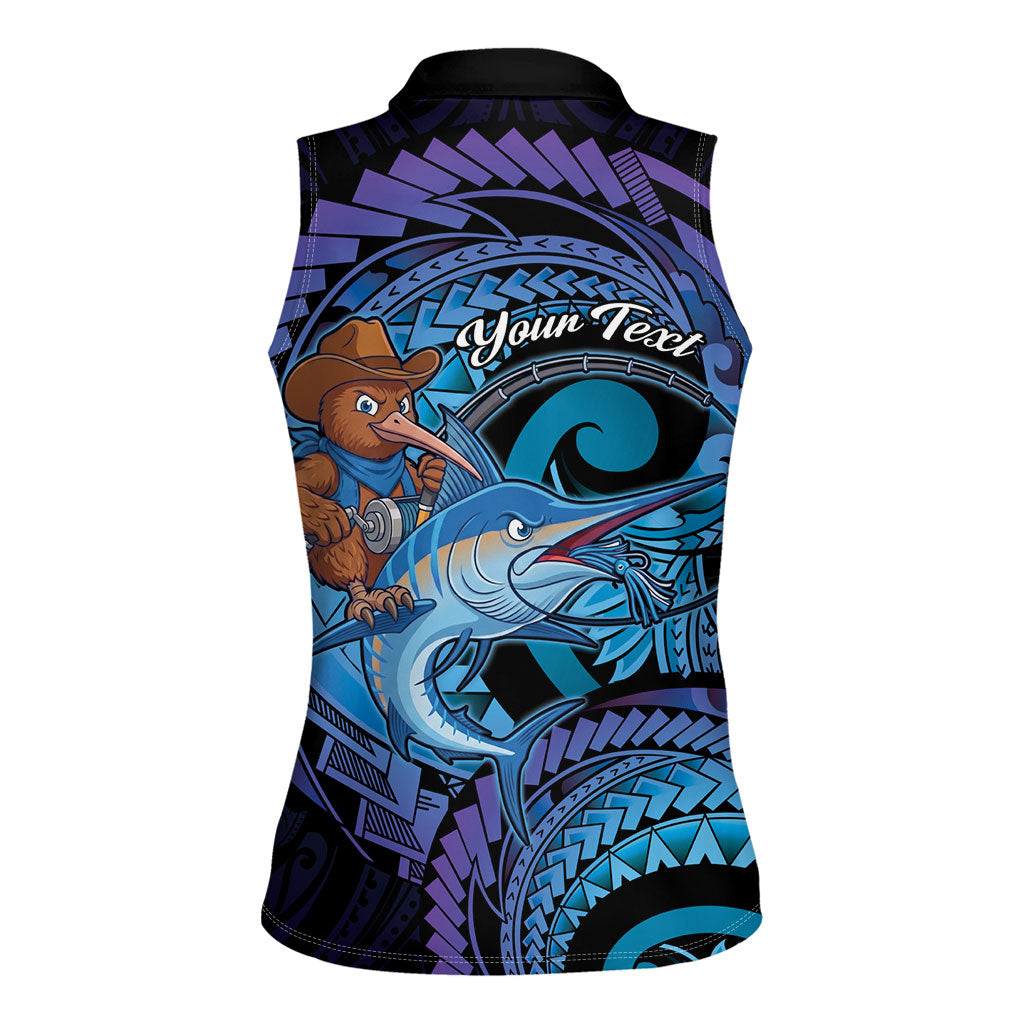 Personalised Blue Marlin Fishing New Zealand Women Sleeveless Polo Shirt NZ Kiwi Cowboy Born To Fish