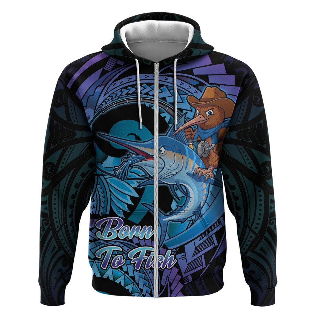 Personalised Blue Marlin Fishing New Zealand Zip Hoodie NZ Kiwi Cowboy Born To Fish