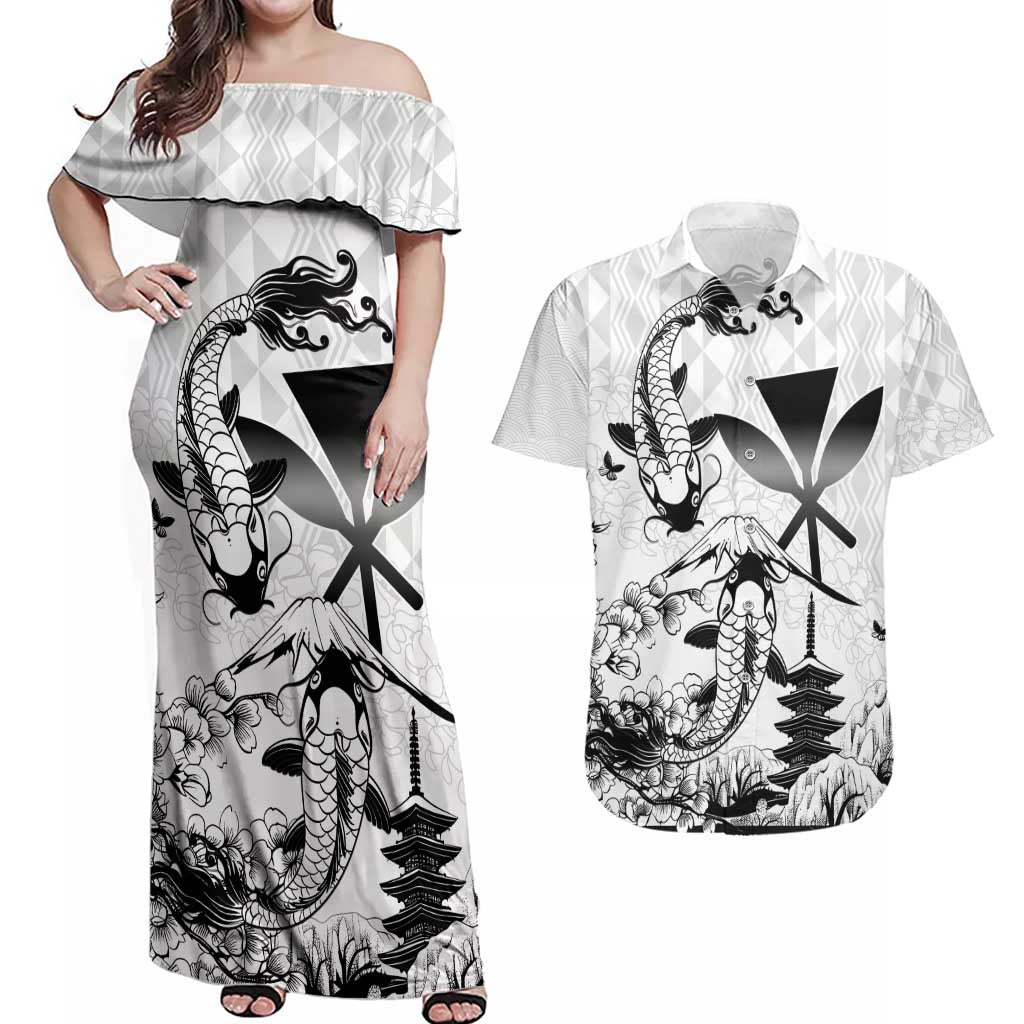 Japan And Hawaii Couples Matching Off Shoulder Maxi Dress and Hawaiian Shirt Sakura Koi Fish Hawaiian Lei Kanaka - Polynesian Pride