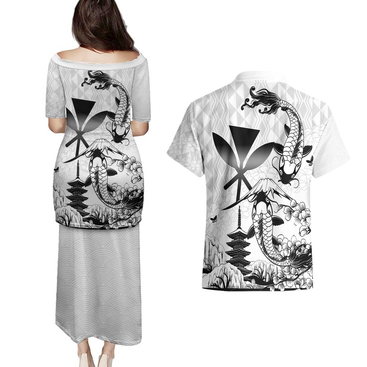 Japan And Hawaii Couples Matching Puletasi and Hawaiian Shirt Sakura Koi Fish Hawaiian Lei Kanaka - Polynesian Pride