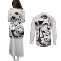 Japan And Hawaii Couples Matching Puletasi and Long Sleeve Button Shirt Sakura Koi Fish Hawaiian Lei Kanaka - Polynesian Pride