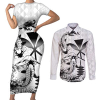 Japan And Hawaii Couples Matching Short Sleeve Bodycon Dress and Long Sleeve Button Shirt Sakura Koi Fish Hawaiian Lei Kanaka - Polynesian Pride