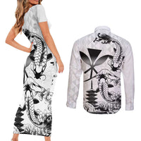 Japan And Hawaii Couples Matching Short Sleeve Bodycon Dress and Long Sleeve Button Shirt Sakura Koi Fish Hawaiian Lei Kanaka - Polynesian Pride