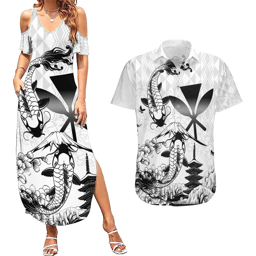 Japan And Hawaii Couples Matching Summer Maxi Dress and Hawaiian Shirt Sakura Koi Fish Hawaiian Lei Kanaka - Polynesian Pride