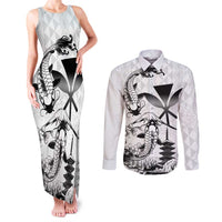 Japan And Hawaii Couples Matching Tank Maxi Dress and Long Sleeve Button Shirt Sakura Koi Fish Hawaiian Lei Kanaka - Polynesian Pride