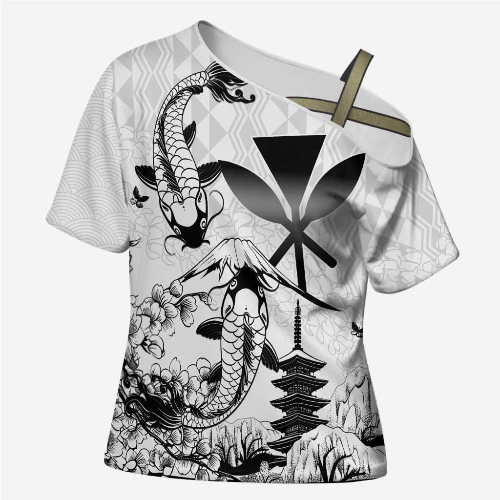 Japan And Hawaii Cross Shoulder Shirt Sakura Koi Fish Hawaiian Lei Kanaka - Polynesian Pride