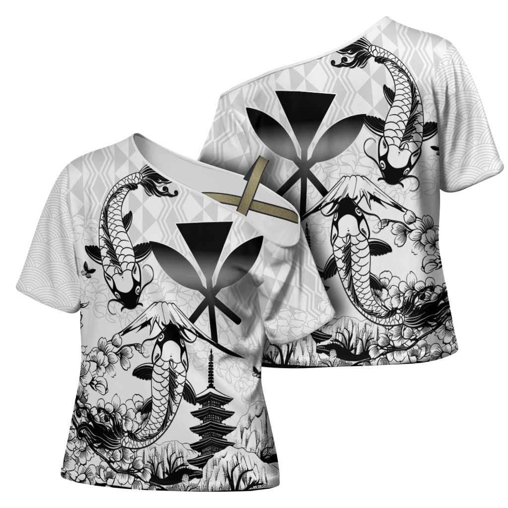 Japan And Hawaii Cross Shoulder Shirt Sakura Koi Fish Hawaiian Lei Kanaka - Polynesian Pride