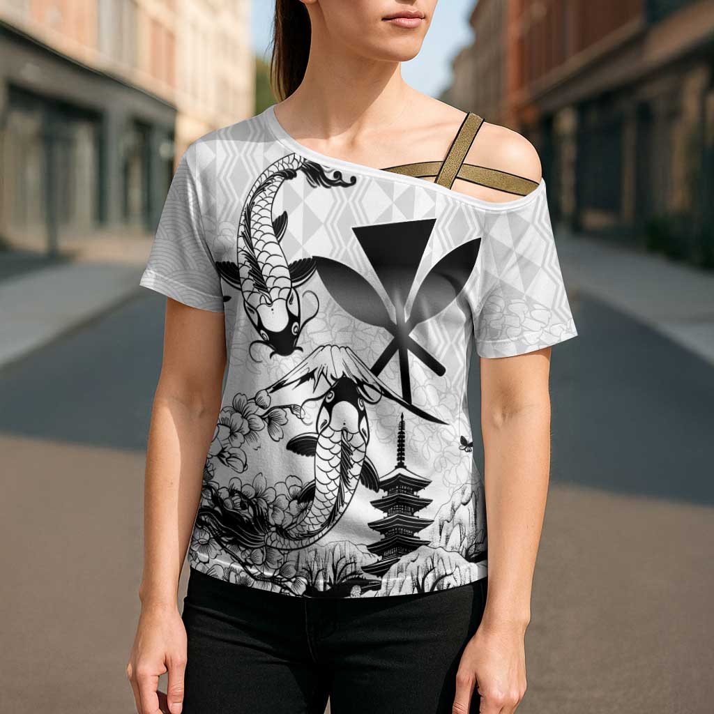 Japan And Hawaii Cross Shoulder Shirt Sakura Koi Fish Hawaiian Lei Kanaka - Polynesian Pride