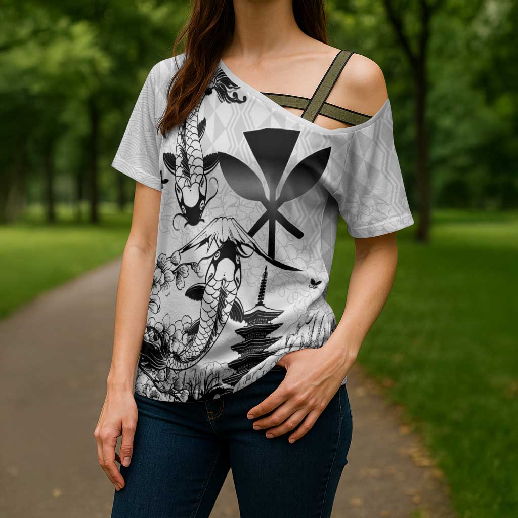 Japan And Hawaii Cross Shoulder Shirt Sakura Koi Fish Hawaiian Lei Kanaka - Polynesian Pride