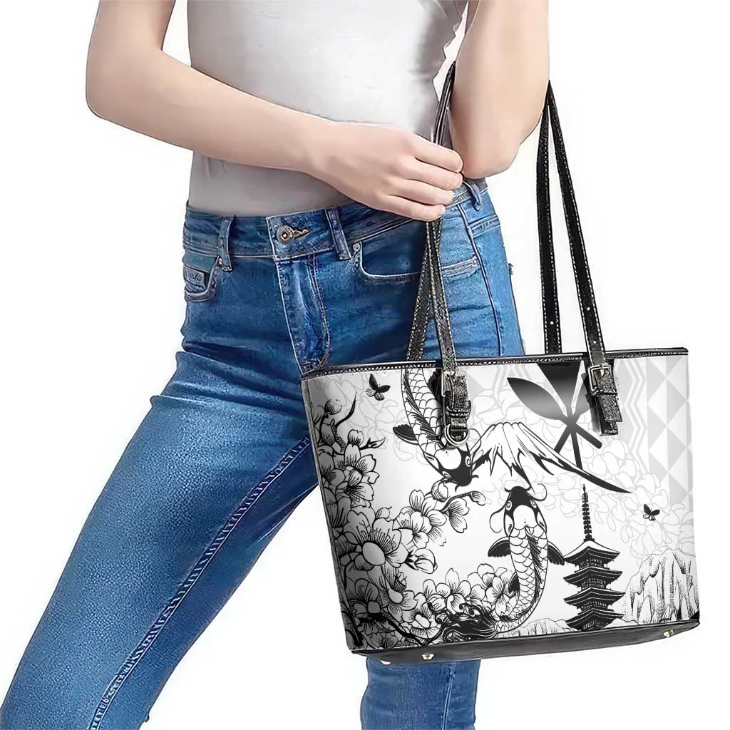 Japan And Hawaii Leather Tote Bag Sakura Koi Fish Hawaiian Lei Kanaka - Polynesian Pride