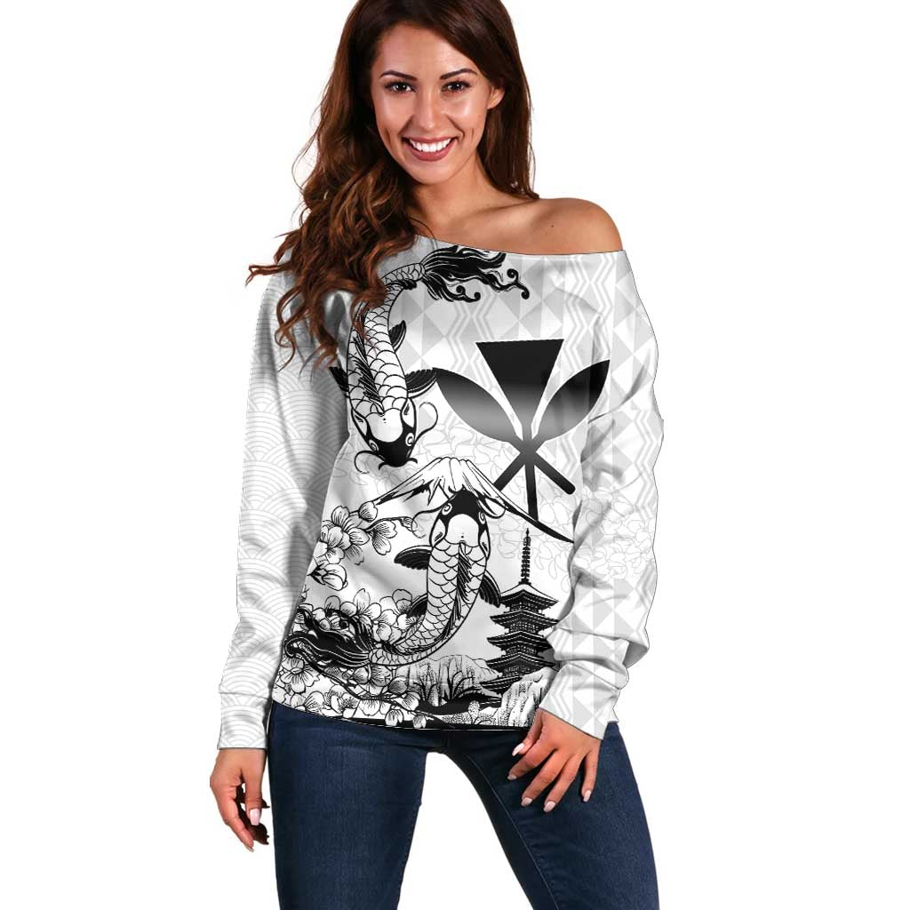 Japan And Hawaii Off Shoulder Sweater Sakura Koi Fish Hawaiian Lei Kanaka - Polynesian Pride