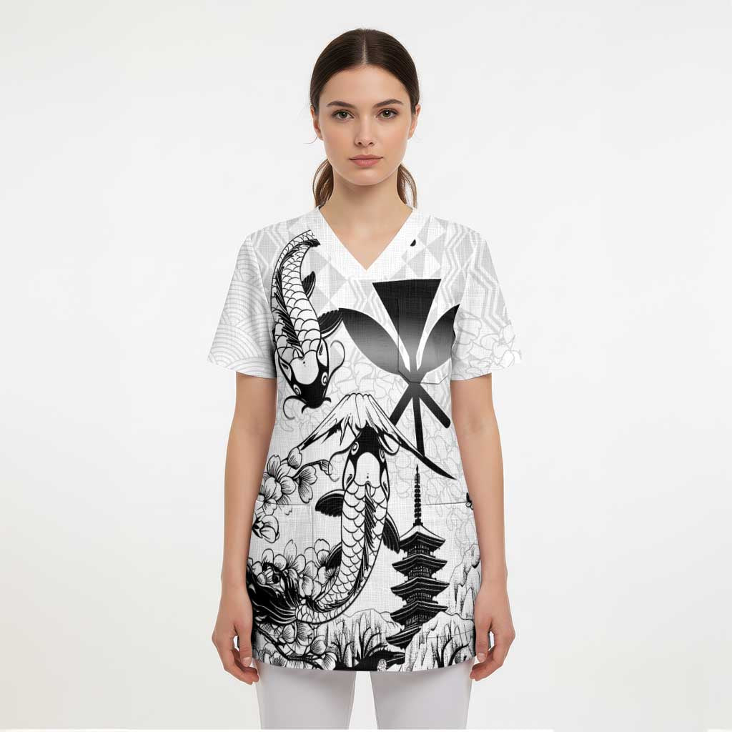 Japan And Hawaii Scrub Top Sakura Koi Fish Hawaiian Lei Kanaka - Polynesian Pride