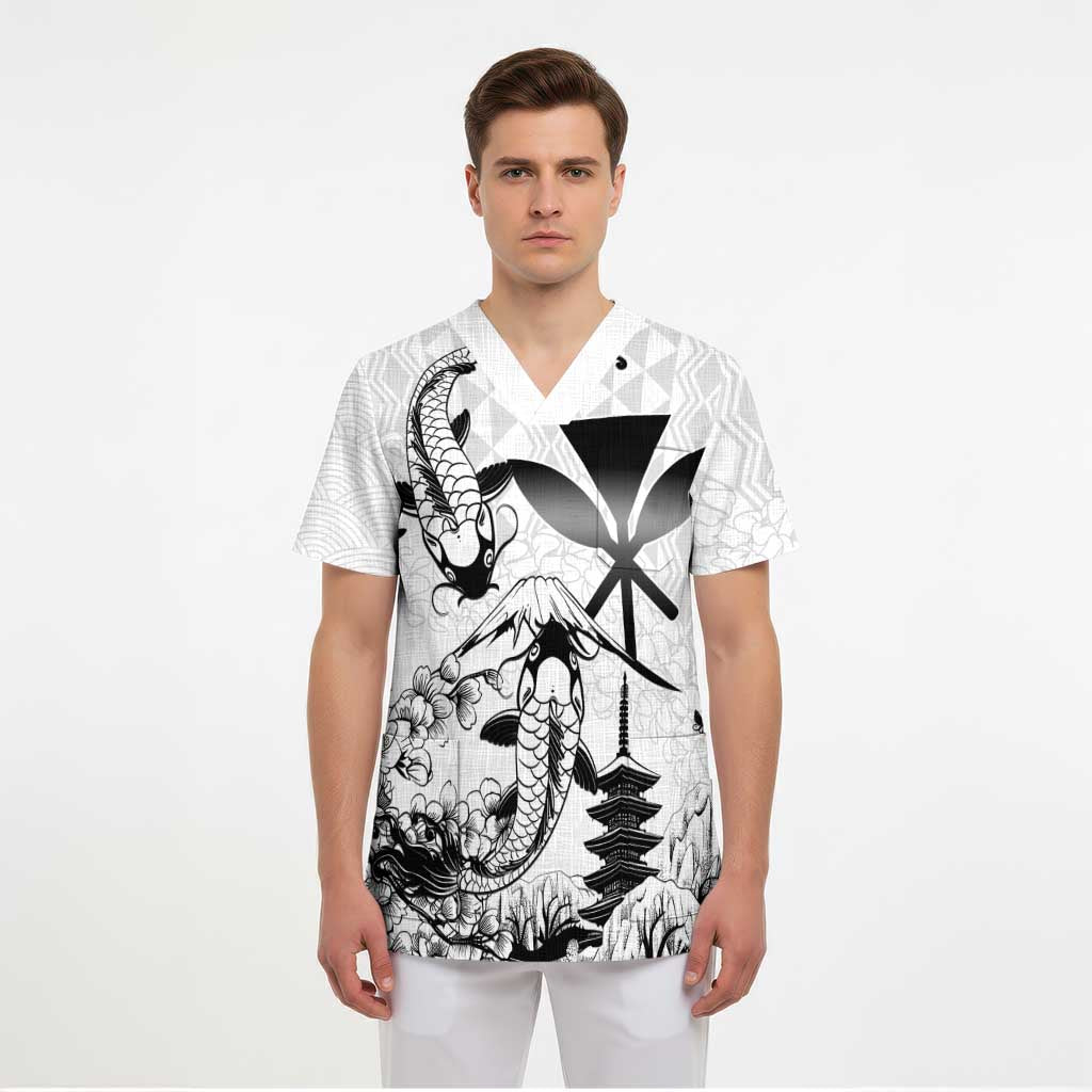 Japan And Hawaii Scrub Top Sakura Koi Fish Hawaiian Lei Kanaka - Polynesian Pride
