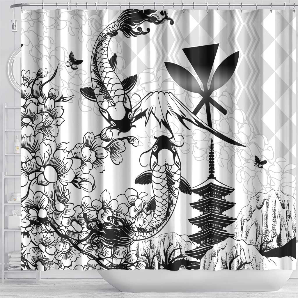Japan And Hawaii Shower Curtain Sakura Koi Fish Hawaiian Lei Kanaka - Polynesian Pride
