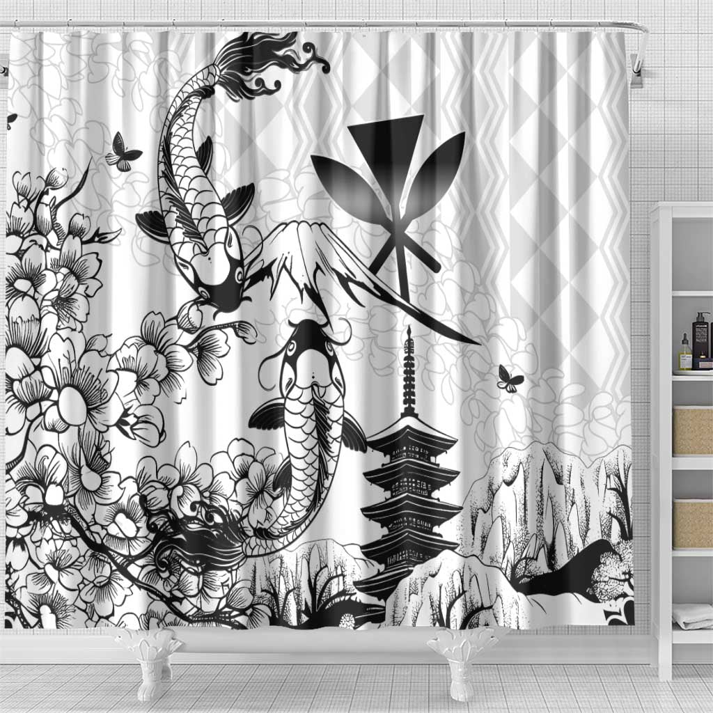 Japan And Hawaii Shower Curtain Sakura Koi Fish Hawaiian Lei Kanaka - Polynesian Pride