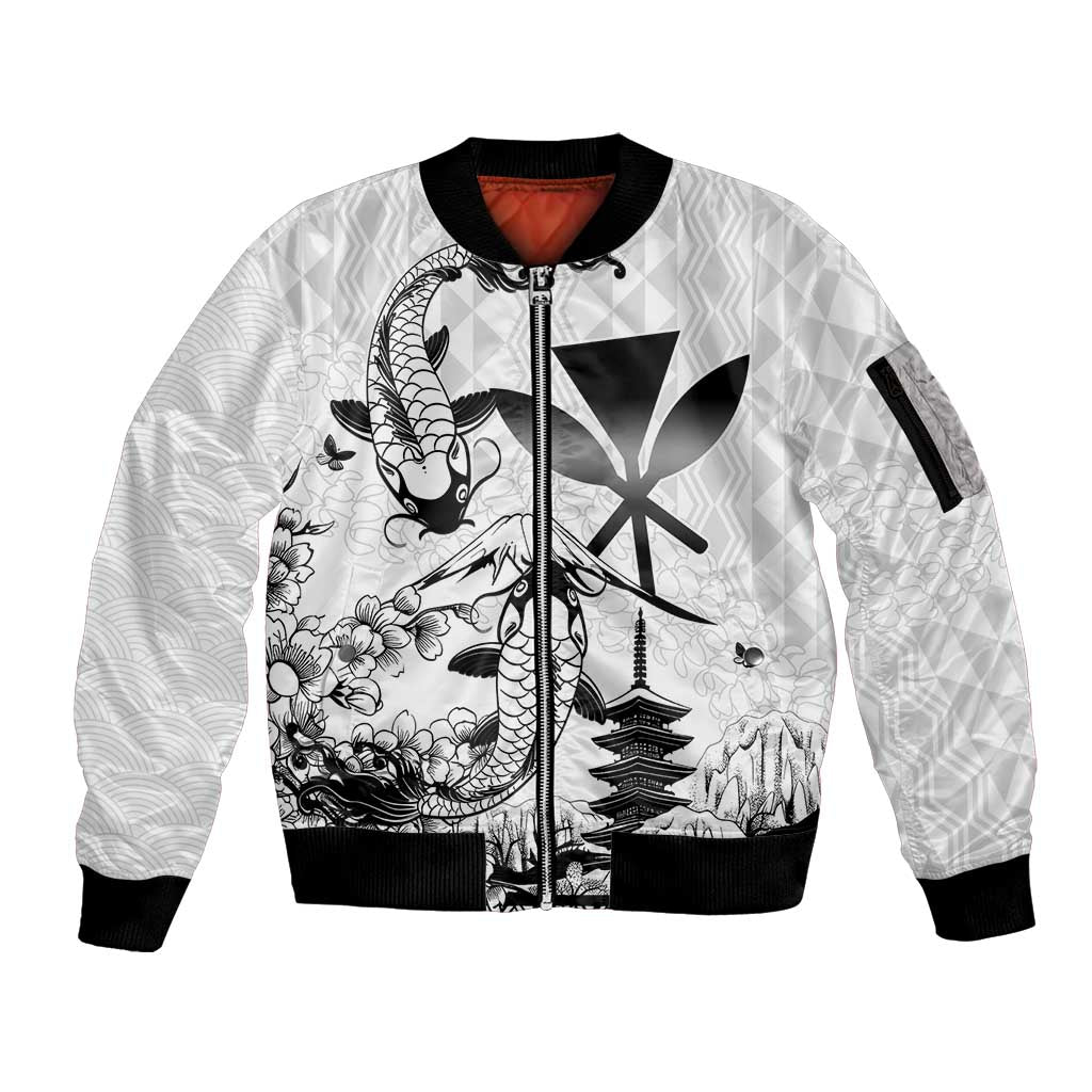 Japan And Hawaii Sleeve Zip Bomber Jacket Sakura Koi Fish Hawaiian Lei Kanaka - Polynesian Pride