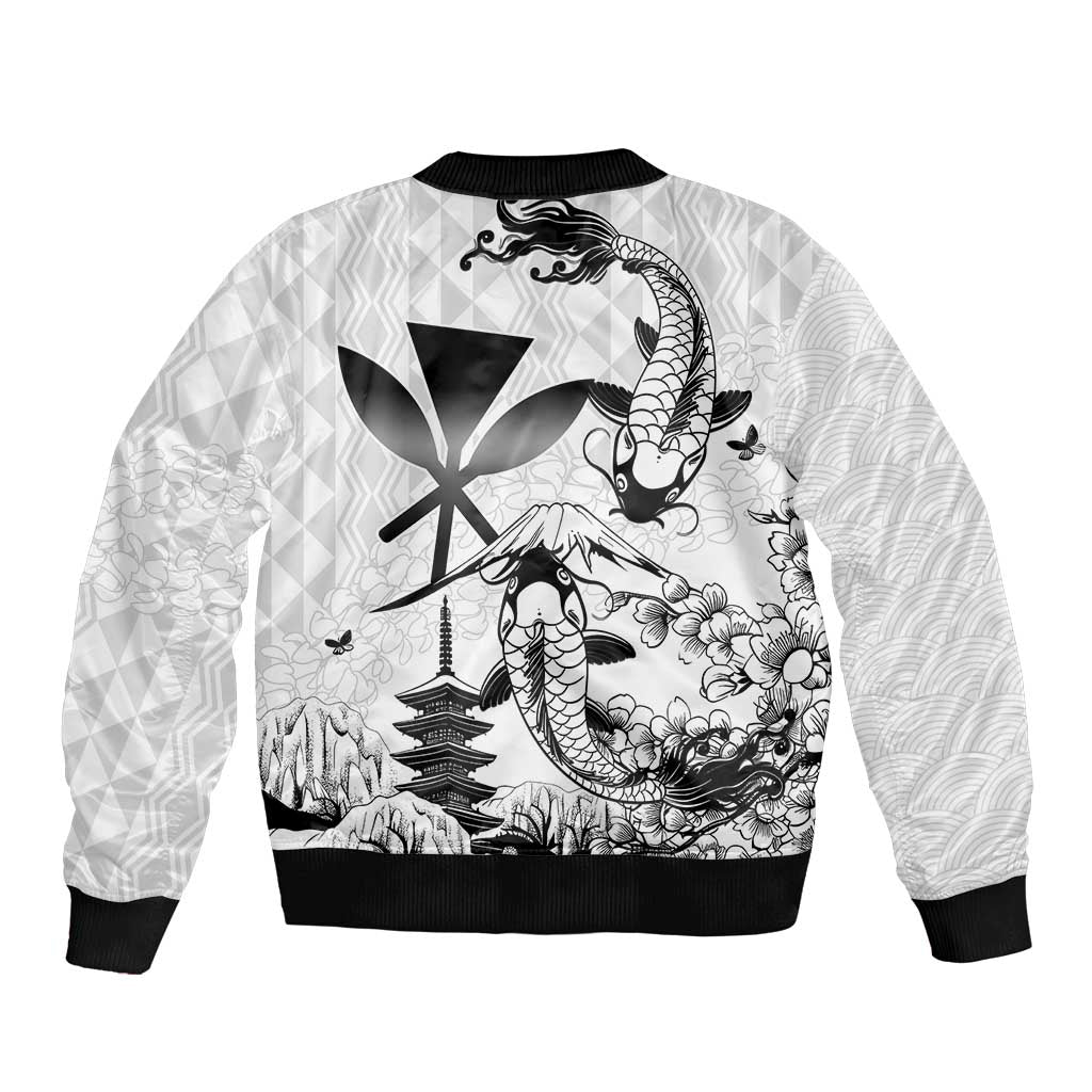 Japan And Hawaii Sleeve Zip Bomber Jacket Sakura Koi Fish Hawaiian Lei Kanaka - Polynesian Pride
