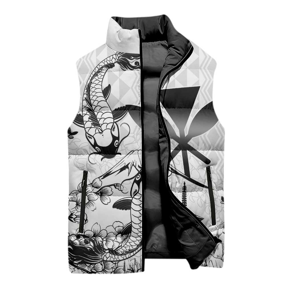 Japan And Hawaii Sleeveless Puffer Jacket Sakura Koi Fish Hawaiian Lei Kanaka - Polynesian Pride