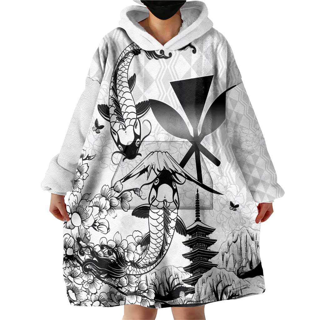 Japan And Hawaii Wearable Blanket Hoodie Sakura Koi Fish Hawaiian Lei Kanaka - Polynesian Pride