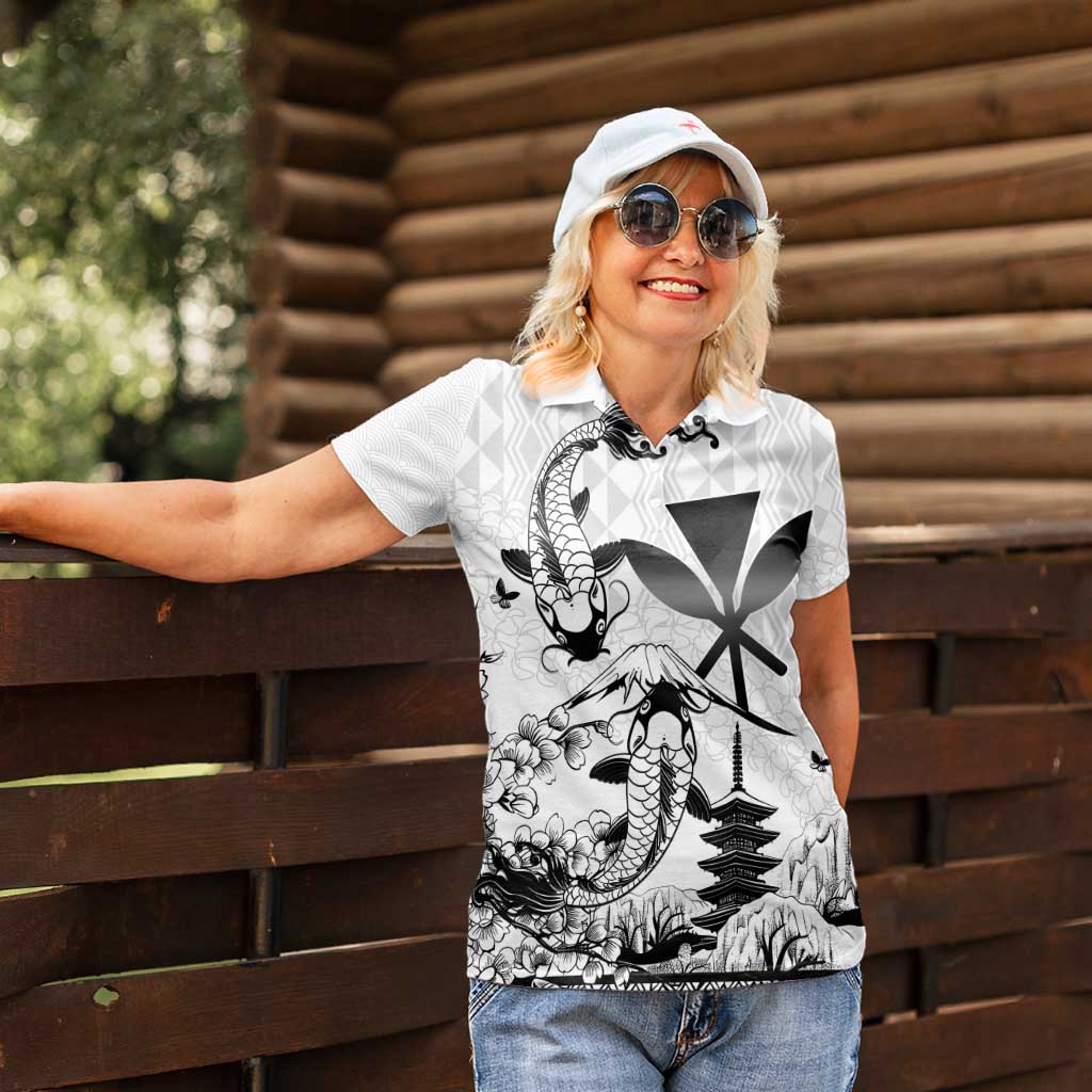 Japan And Hawaii Women Polo Shirt Sakura Koi Fish Hawaiian Lei Kanaka - Polynesian Pride