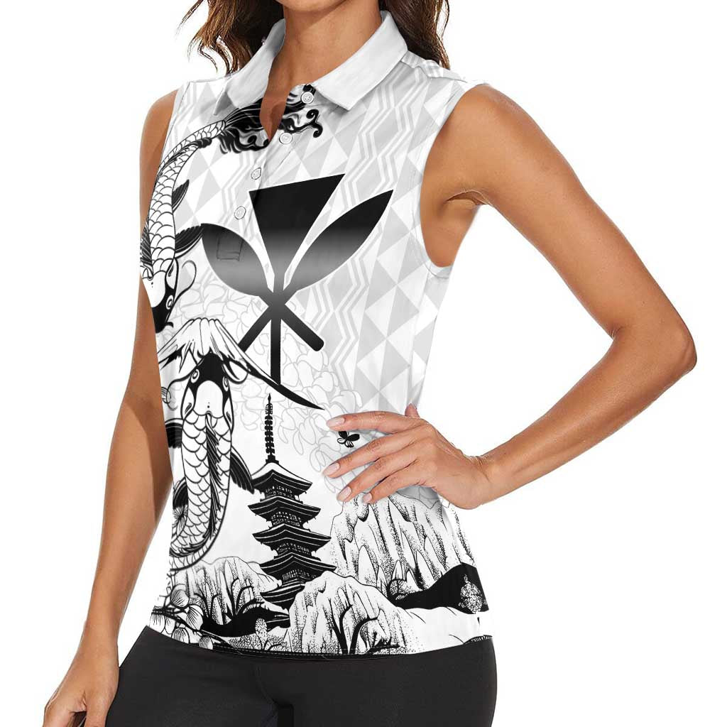 Japan And Hawaii Women Sleeveless Polo Shirt Sakura Koi Fish Hawaiian Lei Kanaka - Polynesian Pride