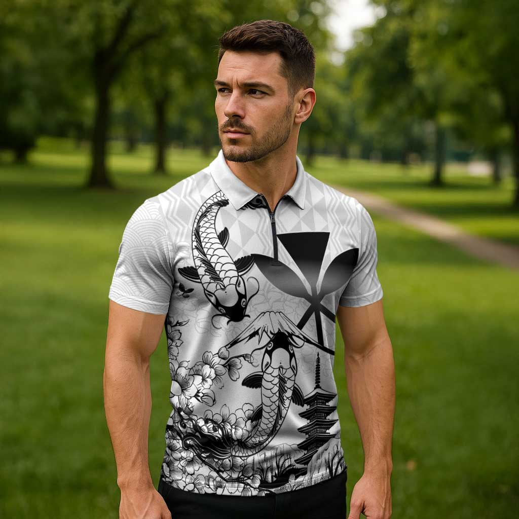 Japan And Hawaii Zipper Polo Shirt Sakura Koi Fish Hawaiian Lei Kanaka - Polynesian Pride