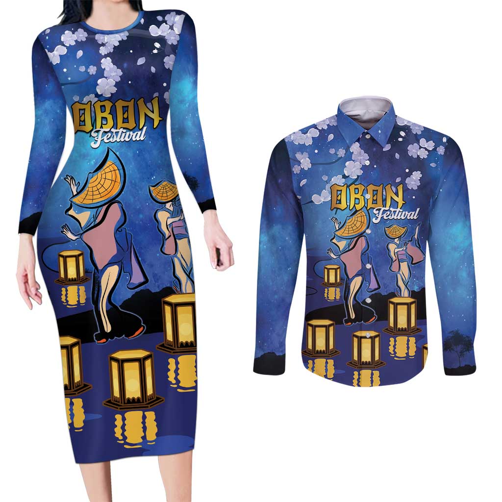 Japan Obon Festival Couples Matching Long Sleeve Bodycon Dress and Long Sleeve Button Shirt Sakura Lanterns With Bon Dance LT14 Blue - Polynesian Pride