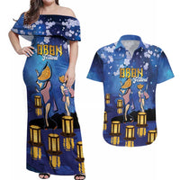 Japan Obon Festival Couples Matching Off Shoulder Maxi Dress and Hawaiian Shirt Sakura Lanterns With Bon Dance - Polynesian Pride