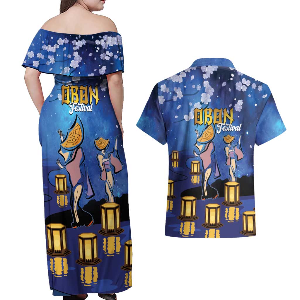 Japan Obon Festival Couples Matching Off Shoulder Maxi Dress and Hawaiian Shirt Sakura Lanterns With Bon Dance - Polynesian Pride
