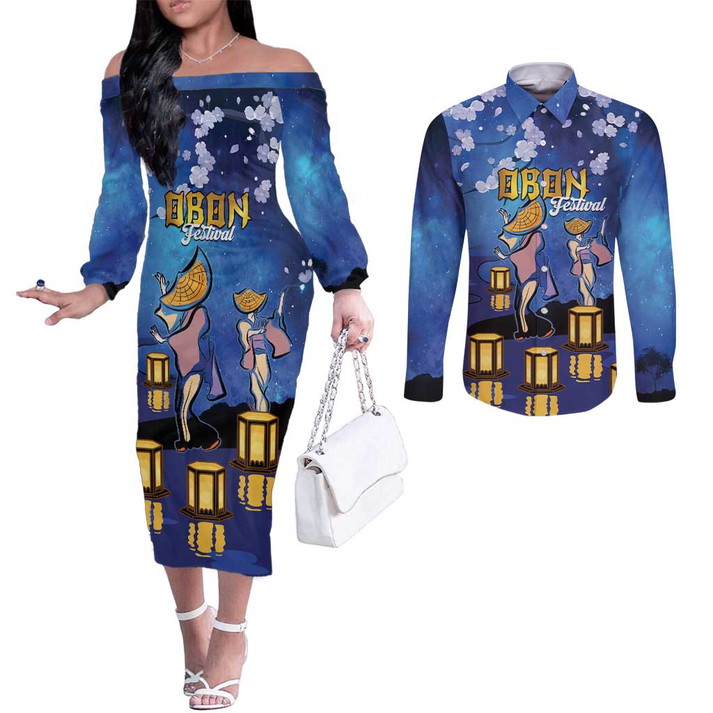 Japan Obon Festival Couples Matching Off The Shoulder Long Sleeve Dress and Long Sleeve Button Shirt Sakura Lanterns With Bon Dance LT14 Blue - Polynesian Pride