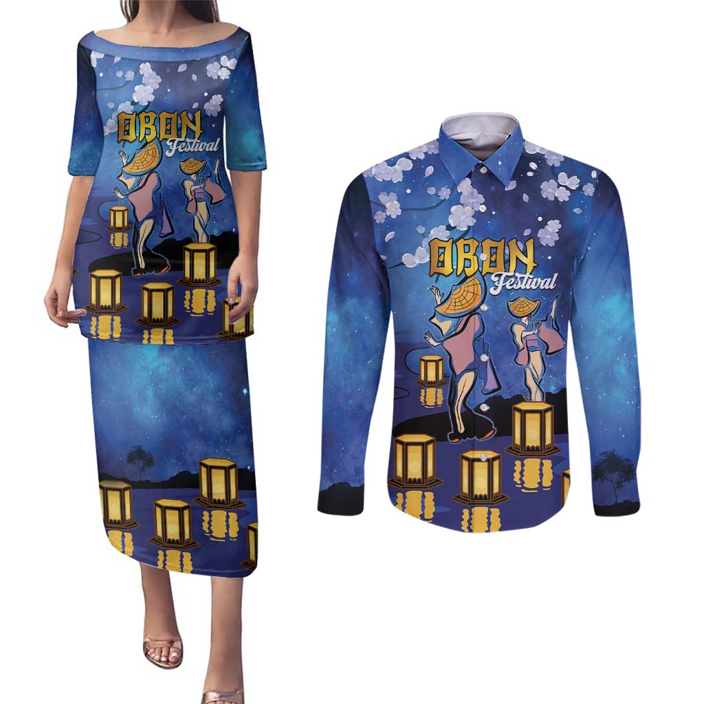 Japan Obon Festival Couples Matching Puletasi and Long Sleeve Button Shirt Sakura Lanterns With Bon Dance LT14 Blue - Polynesian Pride