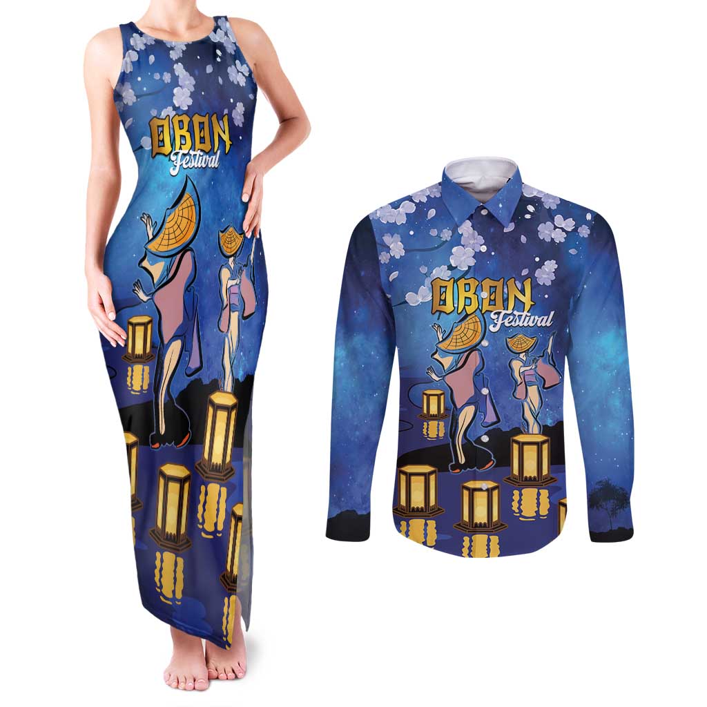 Japan Obon Festival Couples Matching Tank Maxi Dress and Long Sleeve Button Shirt Sakura Lanterns With Bon Dance LT14 Blue - Polynesian Pride