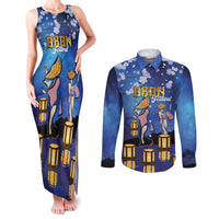 Japan Obon Festival Couples Matching Tank Maxi Dress and Long Sleeve Button Shirt Sakura Lanterns With Bon Dance LT14 Blue - Polynesian Pride