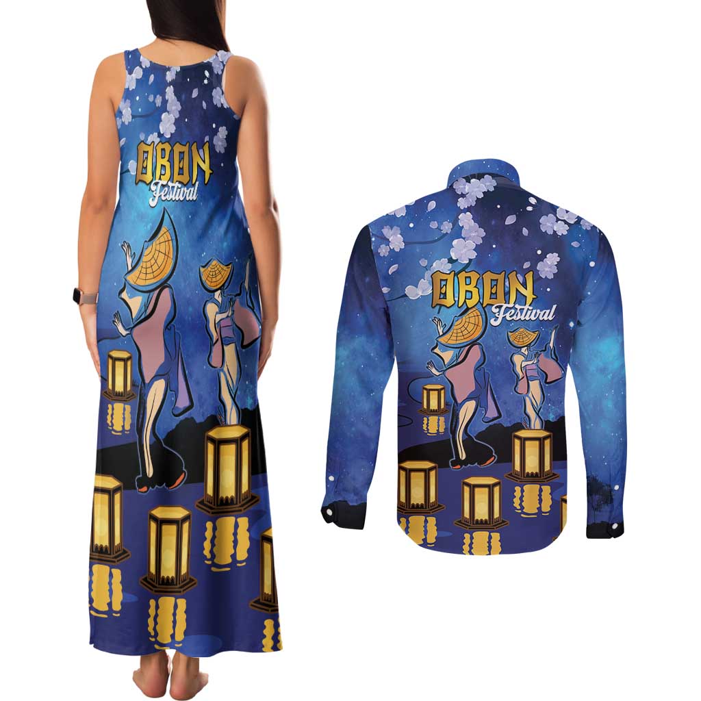 Japan Obon Festival Couples Matching Tank Maxi Dress and Long Sleeve Button Shirt Sakura Lanterns With Bon Dance LT14 - Polynesian Pride