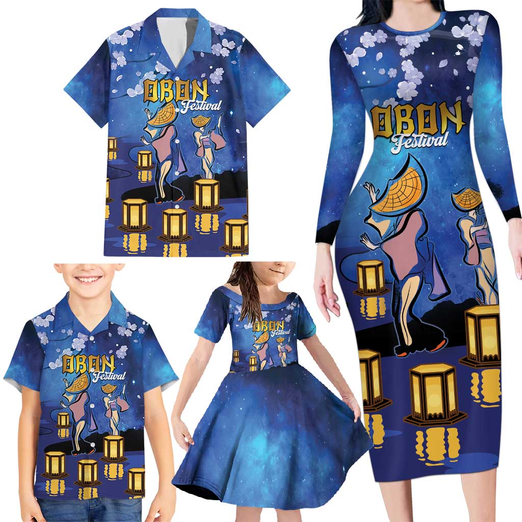 Japan Obon Festival Family Matching Long Sleeve Bodycon Dress and Hawaiian Shirt Sakura Lanterns With Bon Dance - Polynesian Pride