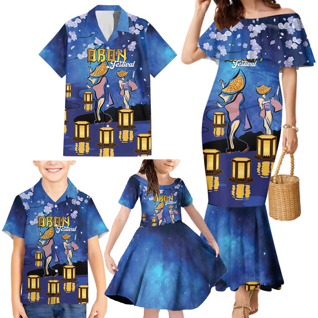 Japan Obon Festival Family Matching Mermaid Dress and Hawaiian Shirt Sakura Lanterns With Bon Dance - Polynesian Pride