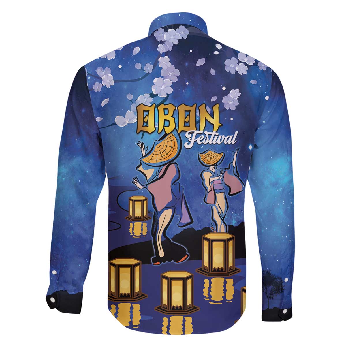 Japan Obon Festival Family Matching Off The Shoulder Long Sleeve Dress and Hawaiian Shirt Sakura Lanterns With Bon Dance - Polynesian Pride